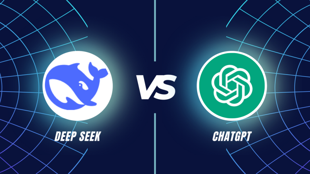 A futuristic digital showdown graphic featuring DeepSeek AI on the left with a blue whale logo and ChatGPT on the right with its signature green knot-like logo. The two AI models are separated by a bold 'VS' in the center, symbolizing a head-to-head comparison. The background consists of a dark blue, tech-inspired grid design, enhancing the high-tech theme. This visually compelling image represents DeepSeek vs. ChatGPT: A Comprehensive AI Showdown, showcasing the competition between two advanced artificial intelligence models in natural language processing, chatbot functionality, and machine learning innovation.