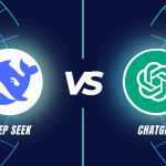 A futuristic digital showdown graphic featuring DeepSeek AI on the left with a blue whale logo and ChatGPT on the right with its signature green knot-like logo. The two AI models are separated by a bold 'VS' in the center, symbolizing a head-to-head comparison. The background consists of a dark blue, tech-inspired grid design, enhancing the high-tech theme. This visually compelling image represents DeepSeek vs. ChatGPT: A Comprehensive AI Showdown, showcasing the competition between two advanced artificial intelligence models in natural language processing, chatbot functionality, and machine learning innovation.