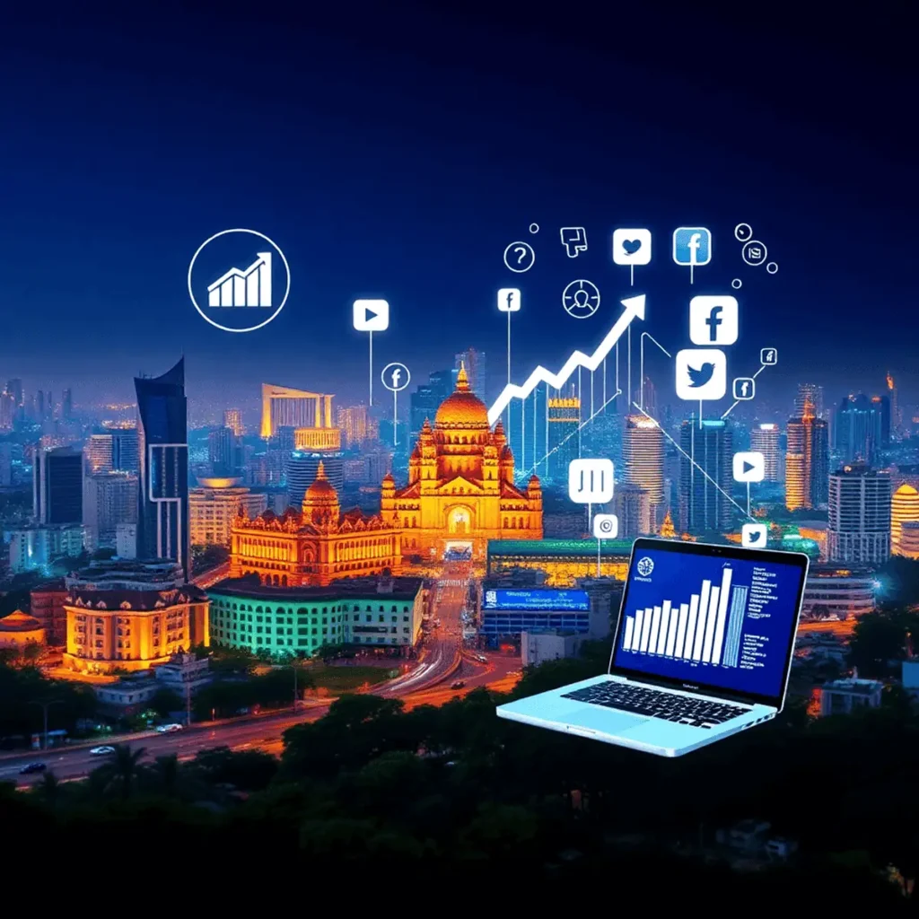 Mumbai cityscape with digital marketing icons like graphs, social media symbols, and a laptop overlay, highlighting growth and opportunity.