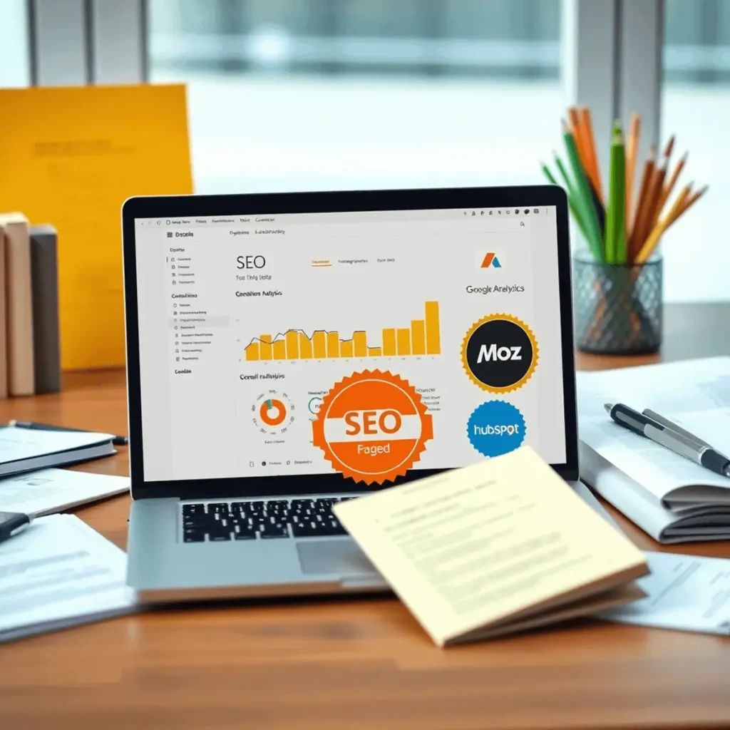 Modern workspace with laptop showing SEO analytics and certification badges, surrounded by educational materials and notes, representing SEO learning and development.