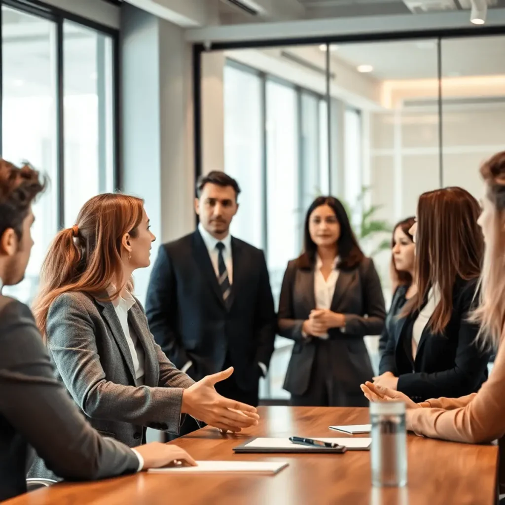 Business professionals participating in a lively team discussion inside a modern office meeting room, highlighting leadership and collaboration. A woman in the foreground actively communicates with colleagues around a table, demonstrating concepts from 'Mastering Communication Skills Training: A Guide for Professionals' focused on effective workplace communication, active listening, and team engagement.