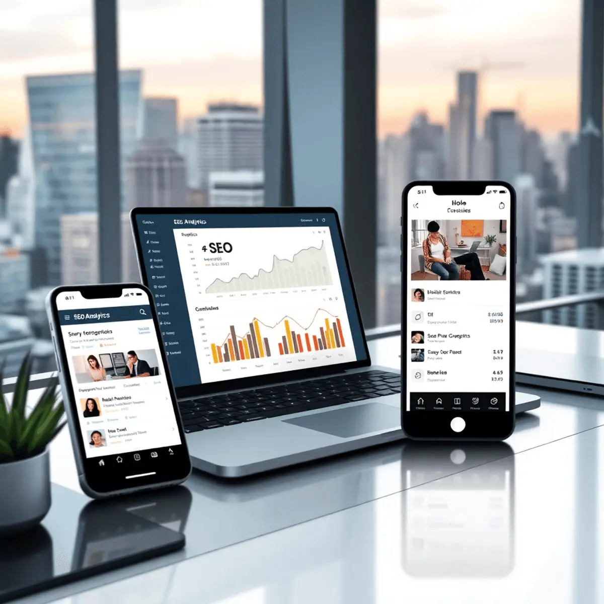 Laptop showing SEO charts and a smartphone with job listings on a desk, city skyline visible through a window in the background.