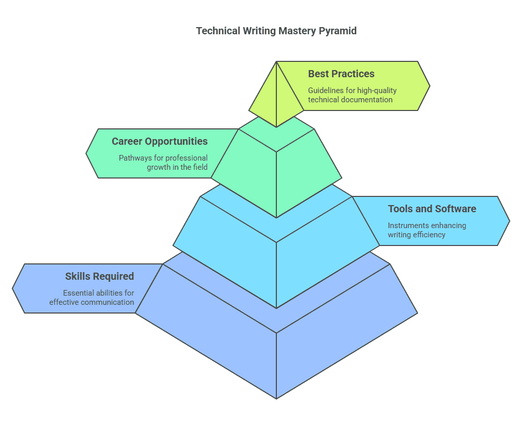 A colorful 3D pyramid visual titled 'Technical Writing Mastery Pyramid' illustrating the layered journey of technical writing. The base begins with essential 'Skills Required' for effective communication, followed by 'Tools and Software' that enhance writing efficiency, then 'Career Opportunities' highlighting growth in the field, and finally 'Best Practices' at the top for producing high-quality documentation. This infographic supports the concept of 'Technical Writing 101: A Comprehensive Guide' by visually representing the building blocks of mastering technical communication.
