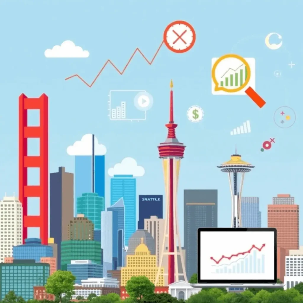 Collage of San Francisco, New York City, Austin, and Seattle landmarks with digital marketing icons like SEO graphs and laptops overlayed, showcasing tech job markets.