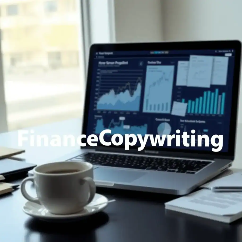 Modern workspace with laptop showing financial graphs, notes scattered around, and a coffee cup, representing finance copywriting and content creation.
