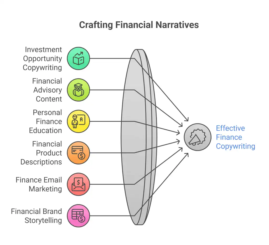 Diagram illustrating the 6 essential types of finance copywriting for 2025, including investment opportunity copywriting, financial advisory content, personal finance education, financial product descriptions, finance email marketing, and financial brand storytelling. Each colorful icon funnels into a central concept labeled 'Effective Finance Copywriting,' representing the power of strategic financial narratives.