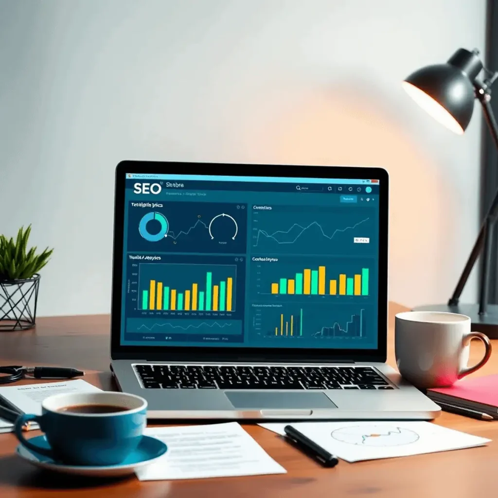 A modern workspace with a laptop showing SEO charts, surrounded by notes and a coffee cup, highlighting technical, creative, and analytical skills.