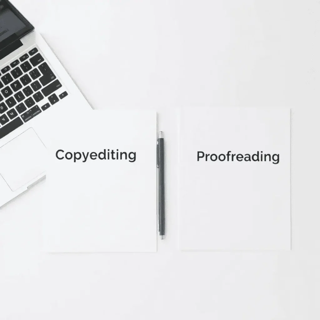 Modern workspace with laptop, notebook, pen, and two side-by-side documents labeled "Copyediting" and "Proofreading" highlighting their comparison.