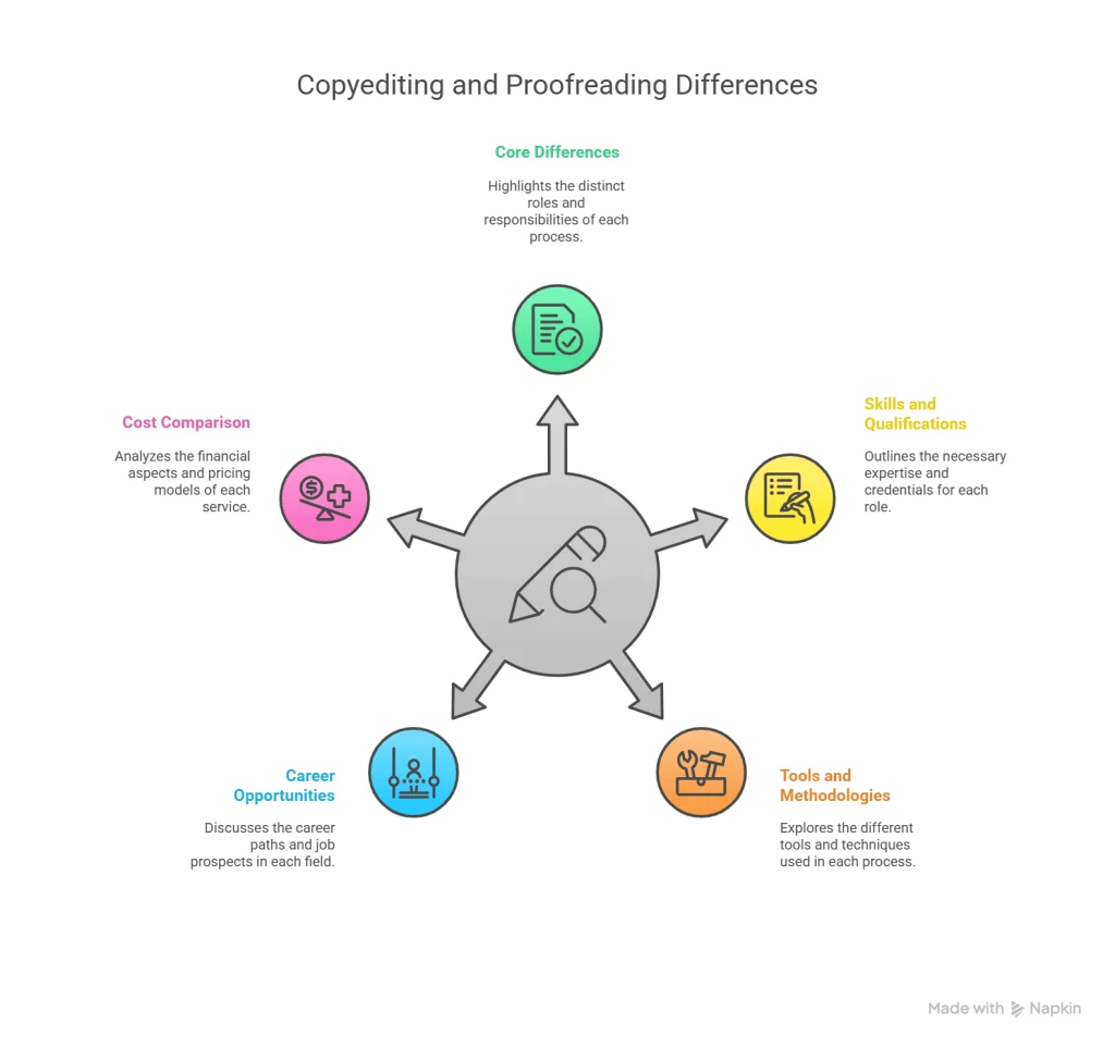 Infographic titled 'Copyediting and Proofreading Differences' featuring a central pencil icon with six arrows pointing to labeled sections—Core Differences, Cost Comparison, Skills and Qualifications, Career Opportunities, and Tools and Methodologies—each with unique icons and brief descriptions, clearly illustrating 'Copyediting vs Proofreading: Understanding the Key Differences' for 2025 content clarity and comparison.