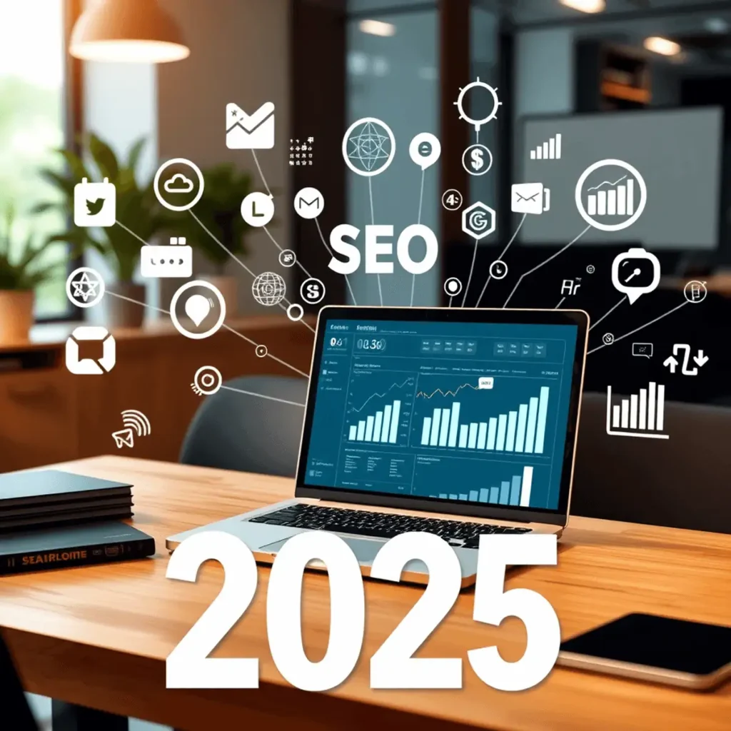 Modern office desk with laptop showing SEO charts, surrounded by digital icons of search engines, keywords, and growth trends in a realistic style.