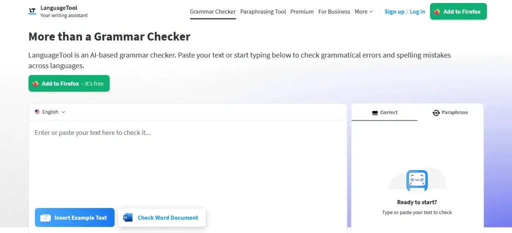 Screenshot of Language Tool’s online interface titled 'More than a Grammar Checker', showing a clean text editor with grammar and spelling check options, a paraphrasing tab, and buttons to insert example text or upload a Word document perfectly showcasing its capabilities in the comparison of Language Tool vs Grammarly Free: Which Grammar Checker Reigns Supreme?