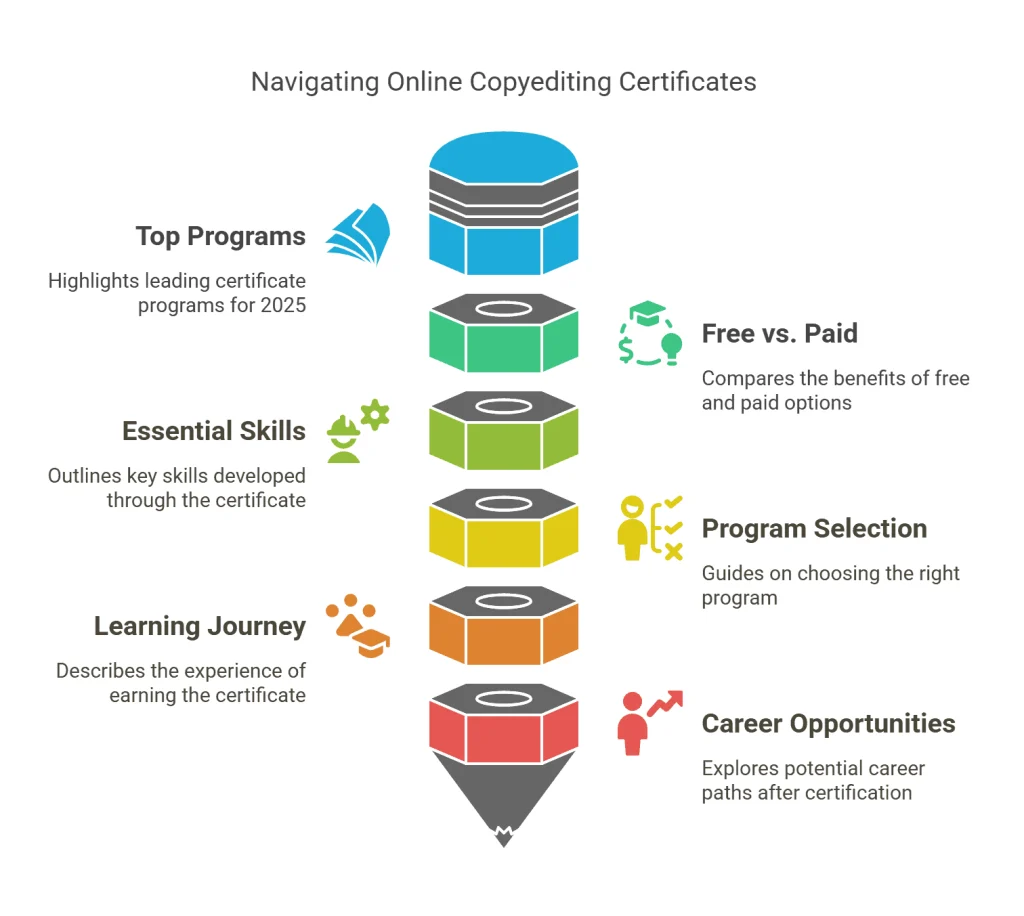 Vertical infographic titled 'Navigating Online Copyediting Certificates' featuring stacked colorful modules with icons and labels Top Programs, Free vs. Paid, Essential Skills, Program Selection, Learning Journey, and Career Opportunities offering a step-by-step breakdown to help aspiring editors get an online copyediting certificate in 2025