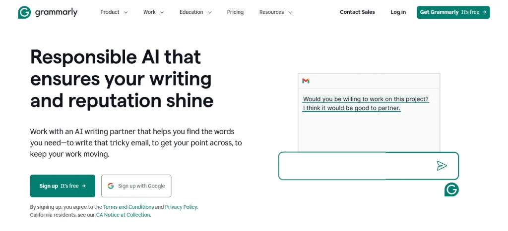 Grammarly’s homepage highlighting its AI writing assistant with the tagline 'Responsible AI that ensures your writing and reputation shine', showcasing a sample email correction and call-to-action buttons for free sign-up illustrating Grammarly's key features in the debate of Language Tool vs Grammarly Free: Which Grammar Checker Reigns Supreme?