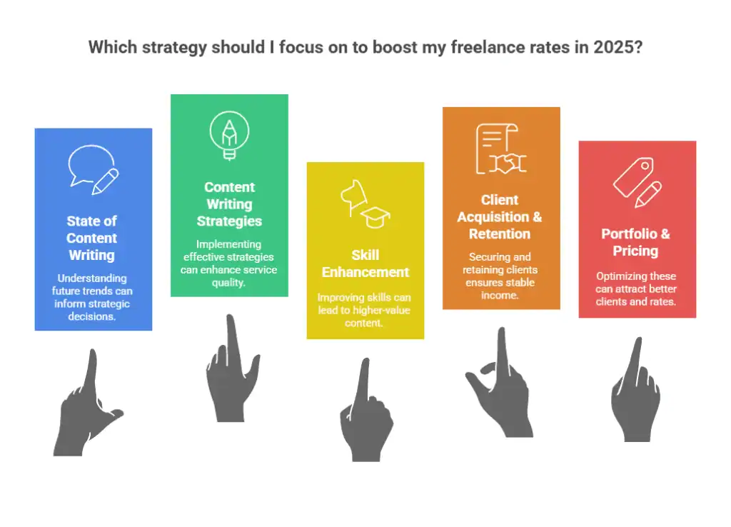 Colorful infographic illustrating five key pillars from 'My 7 Content Writing Strategies to Instantly Boost Your Freelance Rates 2025,' including state of content writing, writing strategies, skill enhancement, client acquisition, and portfolio optimization, each represented by a pointing hand for emphasis.