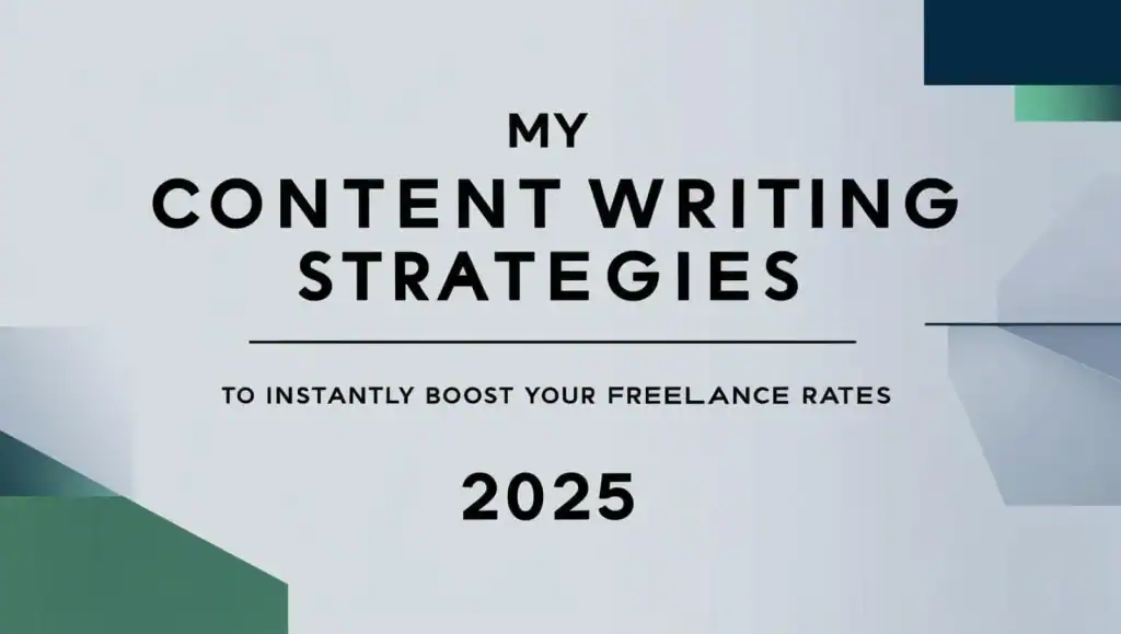 Cover graphic titled 'My Content Writing Strategies to Instantly Boost Your Freelance Rates 2025' displayed in bold black typography over a soft blue and green geometric background, introducing essential tactics for freelance writers aiming to raise their content writing income.