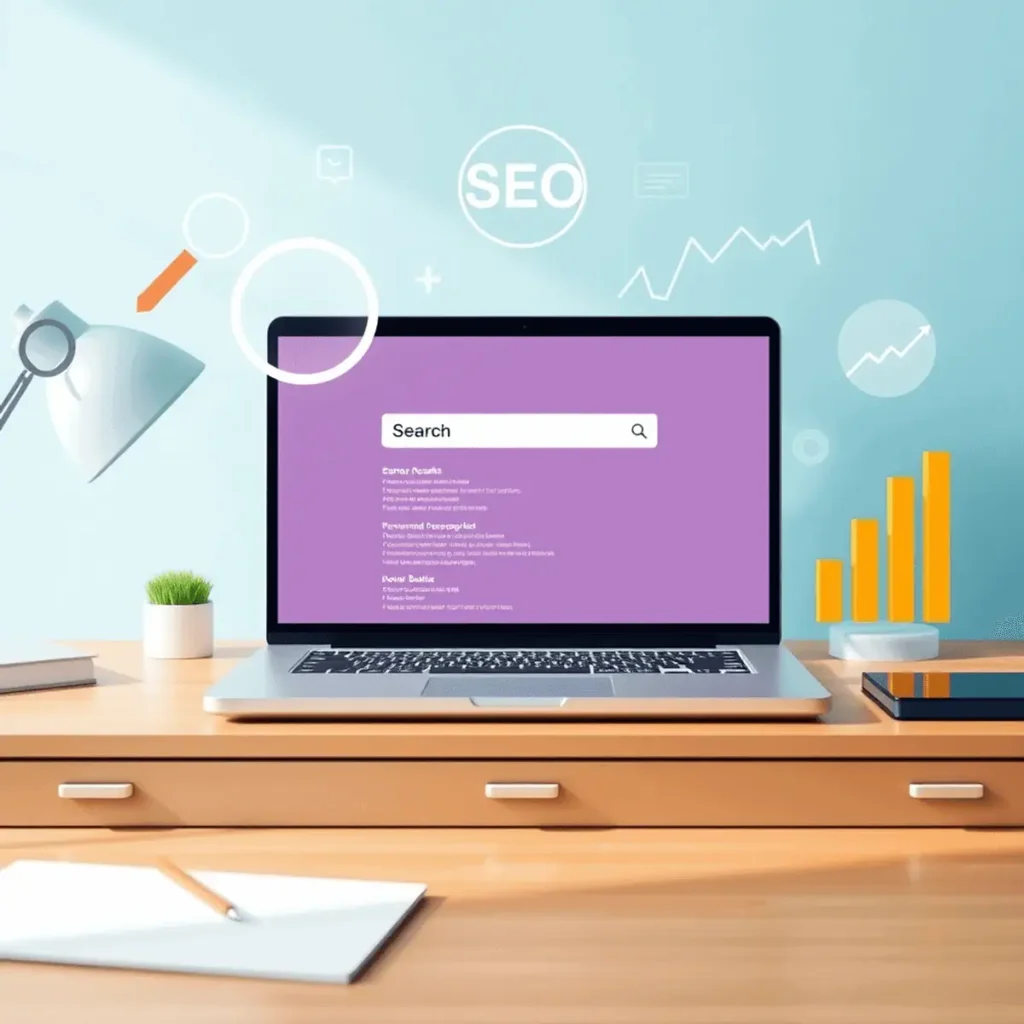 A modern workspace with a laptop showing search results, surrounded by SEO icons like magnifying glass, keywords, and upward graphs in bright colors.