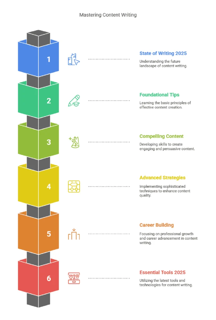 Vertical infographic with six colorful blocks illustrating a content writing roadmap titled 'Mastering Content Writing,' featuring key tips like State of Writing 2025, Foundational Tips, Compelling Content, Advanced Strategies, Career Building, and Essential Tools 2025 visually summarizing the top 10 content writing tips for beginners in 2025.
