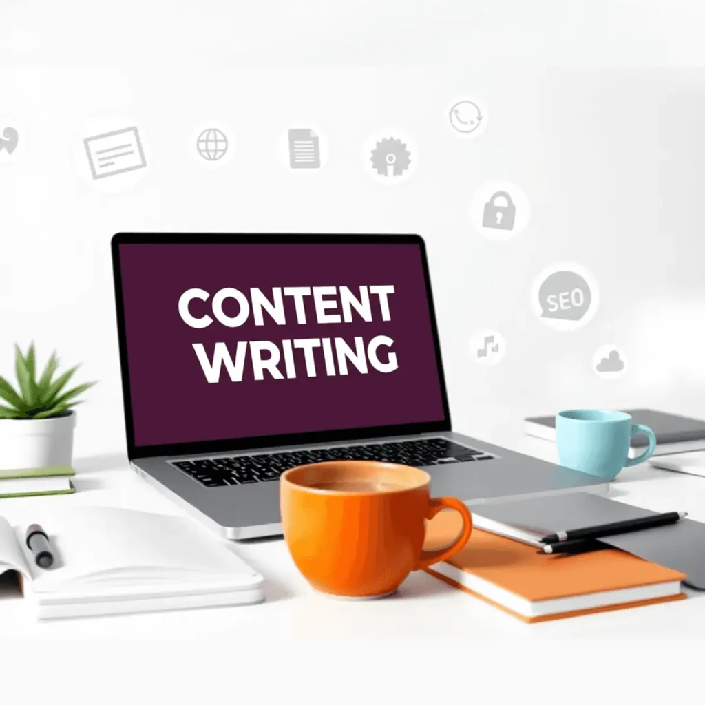 A bright modern workspace with a laptop showing content writing software, notebooks, coffee cup, and digital icons for writing tools and SEO.