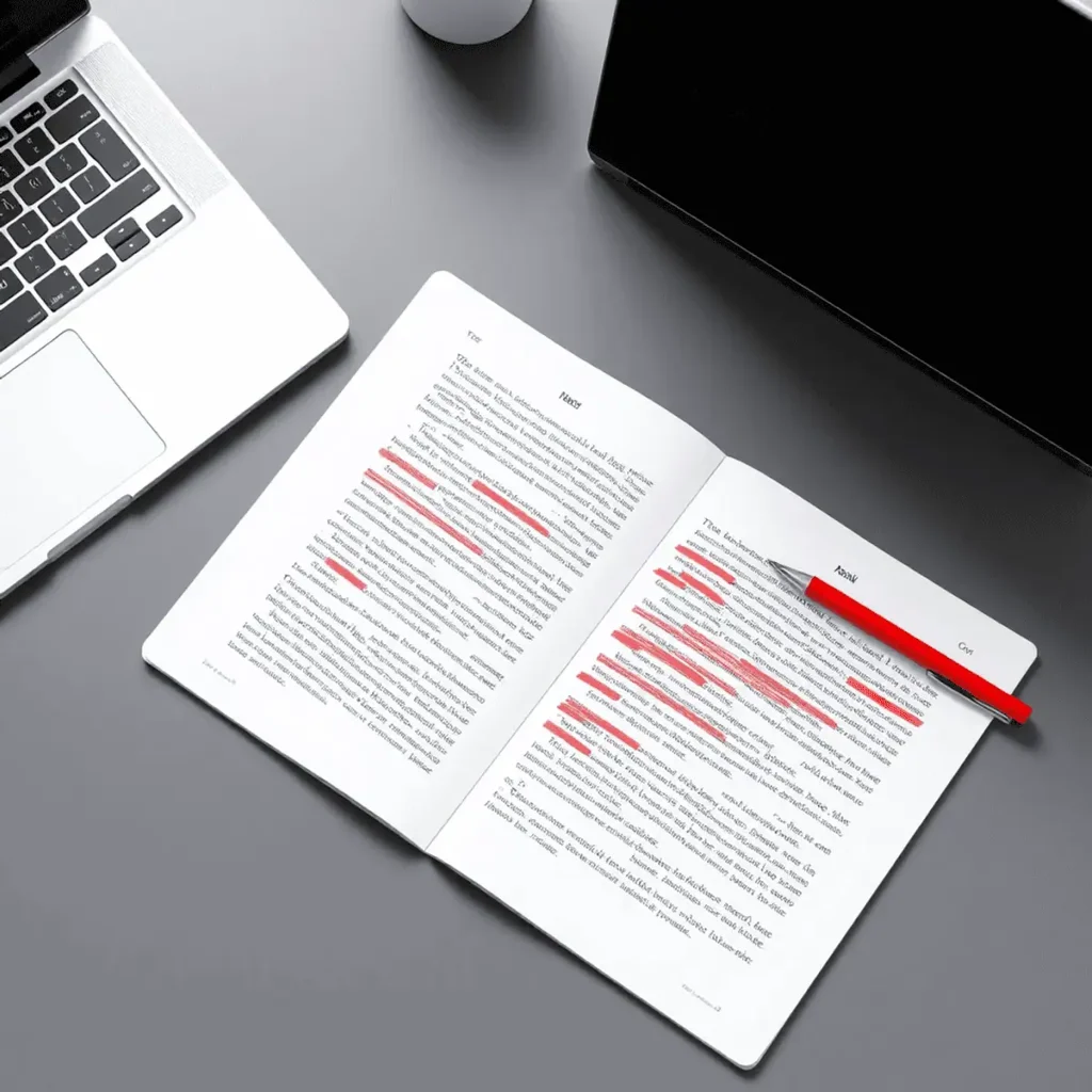 A modern workspace with a laptop, notebook, and red pen highlighting text on printed pages for copyediting.