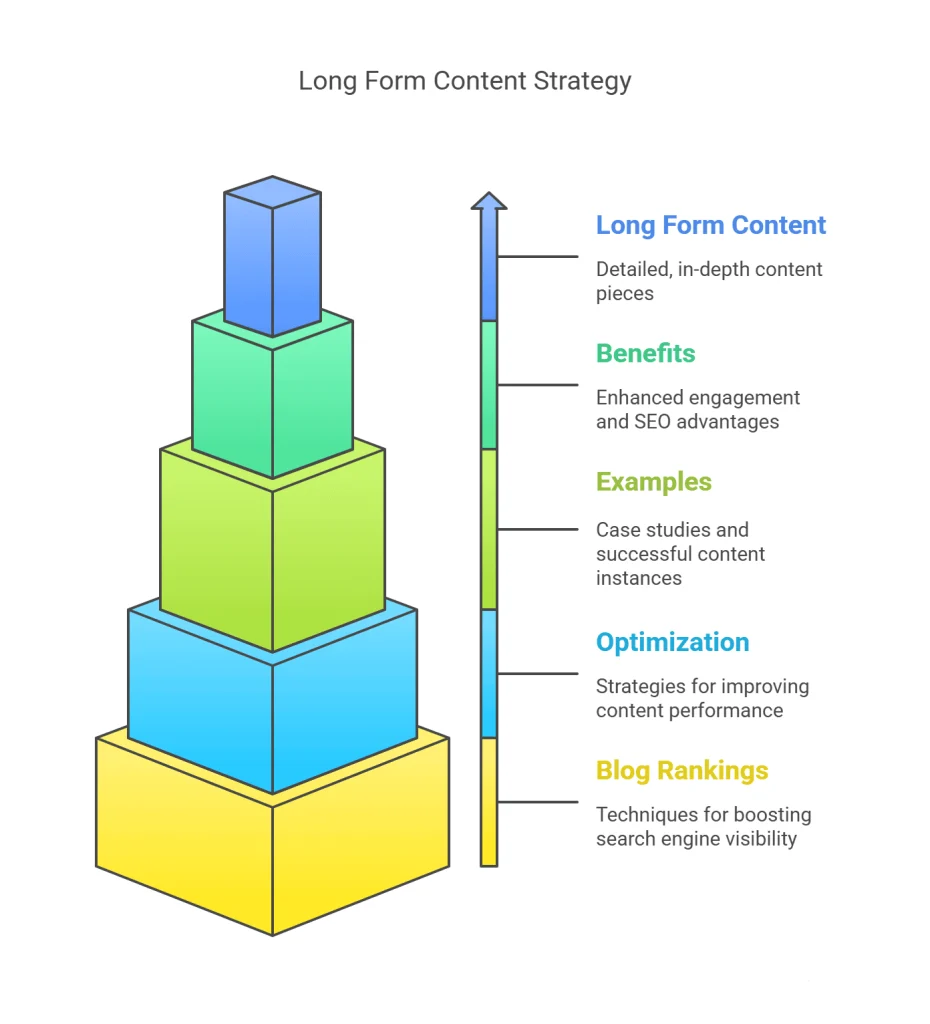Colorful stacked pyramid graphic titled 'Long Form Content Strategy' showing five tiers labeled Blog Rankings, Optimization, Examples, Benefits, and Long Form Content, with descriptions that define what long form content is, its SEO benefits, real-world examples, optimization tactics, and blog ranking strategies.