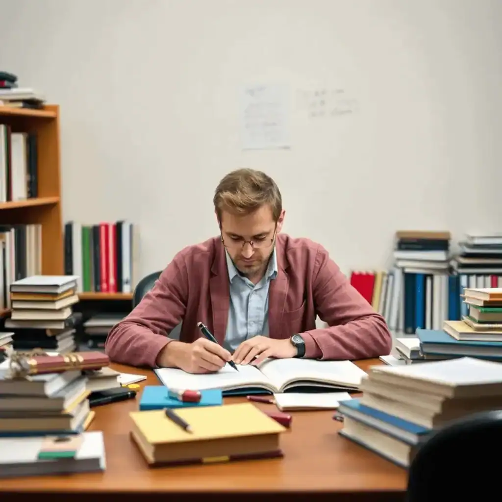 A focused writer at a desk with books and notes, highlighting clarity, research, and communication in a calm, studious setting.