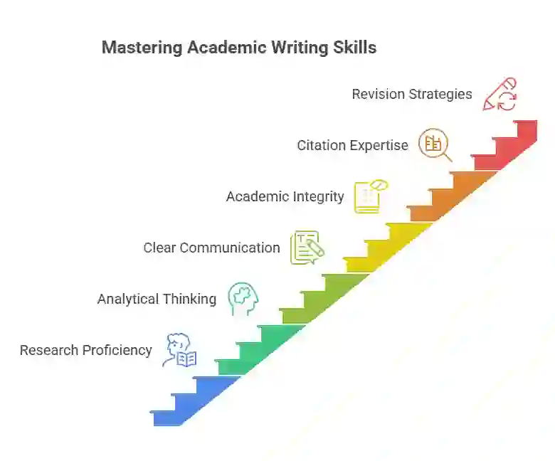 Illustrated staircase showing progressive academic writing skills under the theme 'Why I Believe Every Academic Writer Should Master These Key Skills.' The steps move upward in rainbow colors, each labeled with a crucial writing competency: Research Proficiency, Analytical Thinking, Clear Communication, Academic Integrity, Citation Expertise, and Revision Strategies. Each step includes a related icon, visually reinforcing the foundational and advanced skills essential for academic writers.