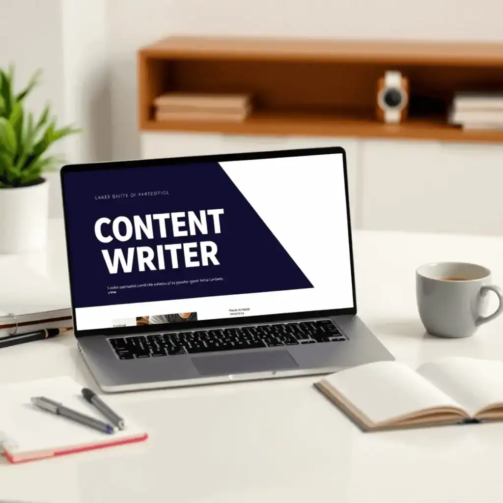 Modern workspace with a laptop showing a content writer portfolio, surrounded by notebooks, coffee cup, and writing tools, symbolizing creativity and career growth.