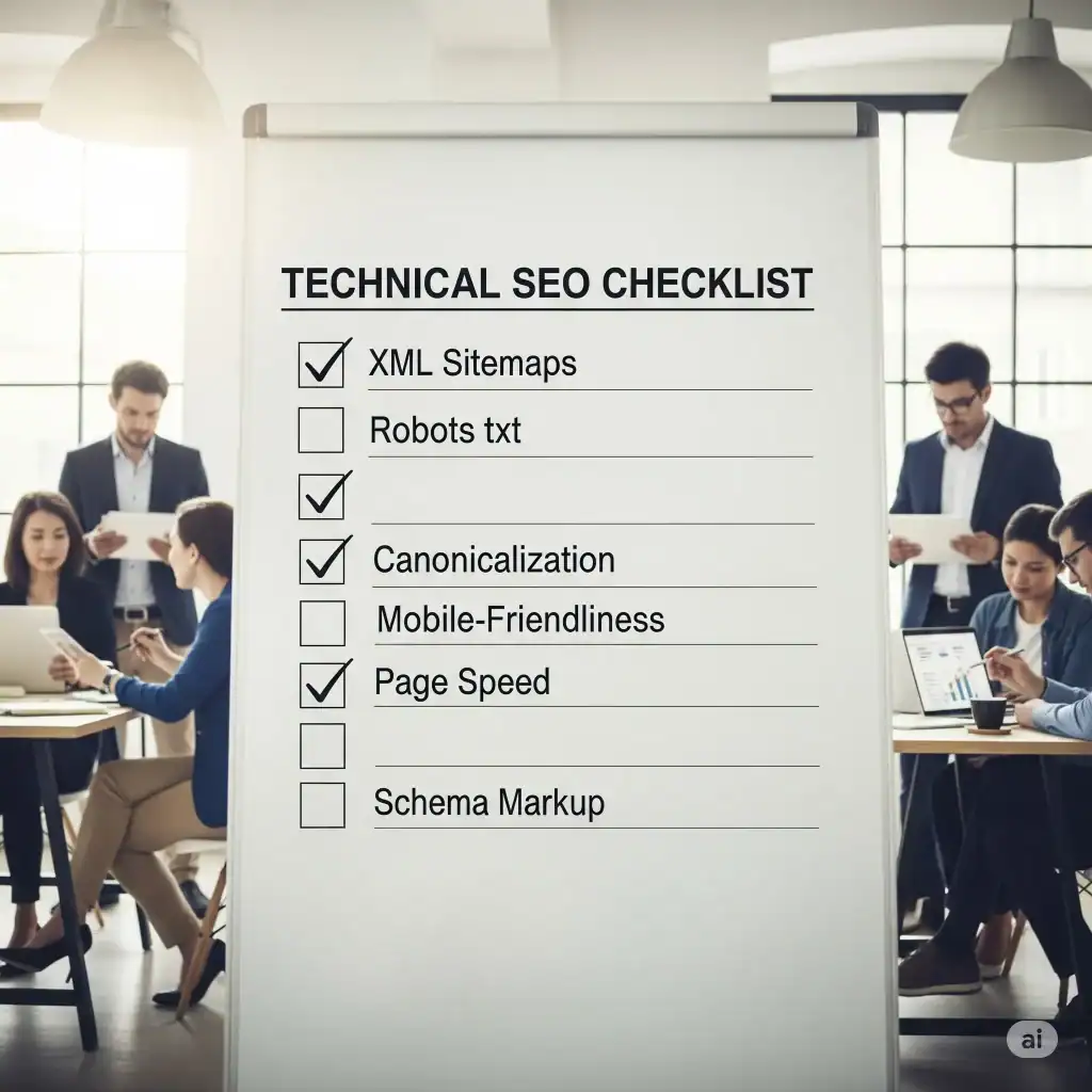 Office team reviewing a whiteboard titled “Technical SEO Checklist” with items like XML Sitemaps, Canonicalization, and Page Speed marked off, visually highlighting key steps in the “Master Technical SEO Checklist for Higher Rankings 2025.