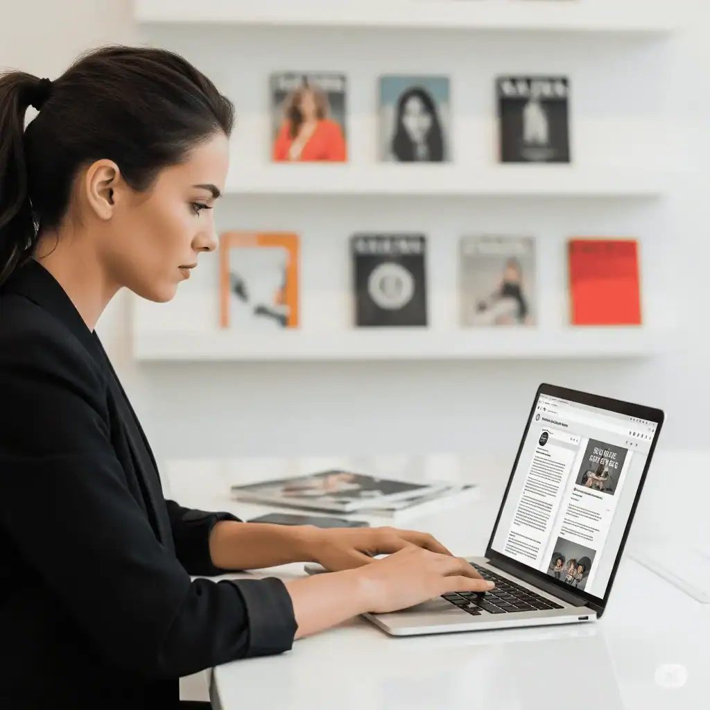 Focused female social media copywriter in a black blazer typing content on a laptop at a clean, modern desk with magazines on the wall, illustrating the creative process of crafting engaging social media copy.